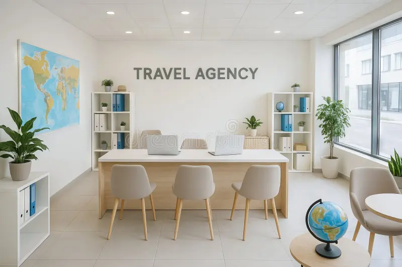 Modern travel agency office minimalist decor bright atmosphere concept travel planning workspace efficiency modern